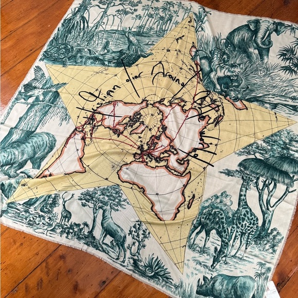 Dior NWT 140cm Around the World cashmere silk fringe globe shawl scarf wrap - Picture 1 of 7